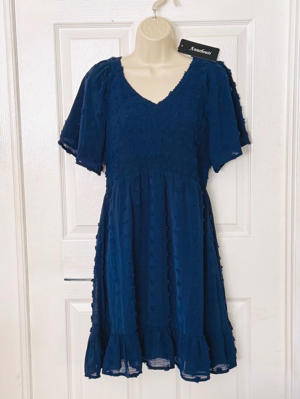 Annabouti Swiss Dot Smocked Babydoll Dress Flutter Sleeves Navy Blue NWT Large